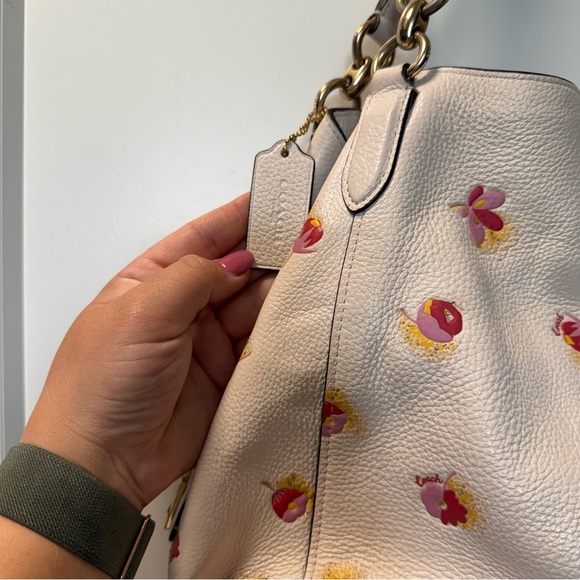Coach Hallie Shoulder Bag Pop Floral‎ Print White Flowers Gold Pebble Leather - Picture 8 of 12